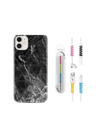 Apple Uyumlu iPhone 12 Kılıf Kablo Koruyuculu Kara Mermer 1375
