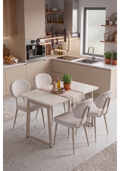 Vilinze Deniz Sandalye Biga Mdf Sabit Metal Ayak Mutfak Masası Takımı - 70x120 Cmbiga70120yr-vt-lkn01-vizon-deniz-skrem Sigmakrem