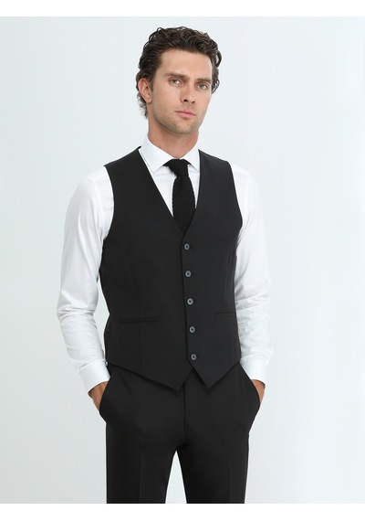 Kip Siyah Slim Fit Klasik Dokuma Yelek
