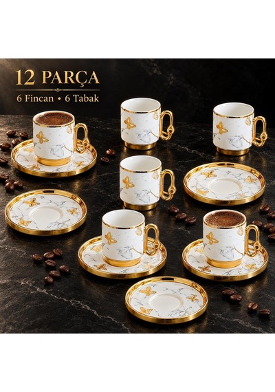 Valkyrie 12 Parça 6 Kişilik 80 Ml Türk Kahvesi Fincan Takımı Gold Kelebek Desenli K651-b