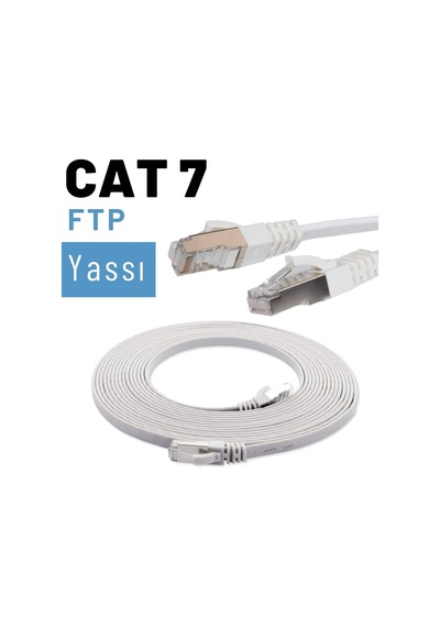 Cat7 Yassı Ftp Ethernet Network Lan İnternet Kablosu, Beyaz 2 Metre Standart