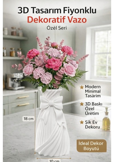 3d Tasarım Fiyonklu Dekoratif Vazo Modern Minimal Ev Dekoru 18x10 Beyaz