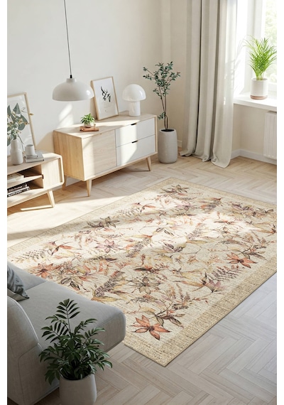 Florart Bej / Turuncu Vintage Dokulu Çiçek Desenli Dokuma Tabanlı Şönil Halı Al 470 Bej - Turuncu