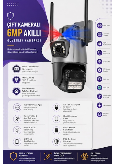 Wifi 2 Kameralı 6mp Akıllı Güvenlik Kamerası