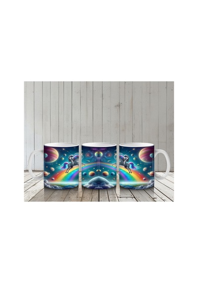Çocuklara Sütü Sevdiren Uzayda Gökkuşağı Ve Astronot Unicorn Desenli Kupa Bardak Renkli