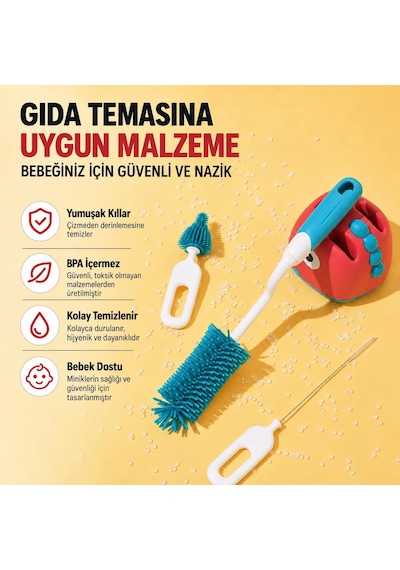 Valkyrie 3'lü Dinazor Biberon Temizleme Fırça Seti Silikon Biberon - Emzik ve Pipet Fırçası Stantlı