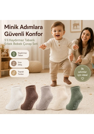 Womanandkids Wak 5 Li Kaydırmaz Tabanlı Erkek Bebek Çorap Seti İnce Dikişli Toprak Tonları Çok Renkli