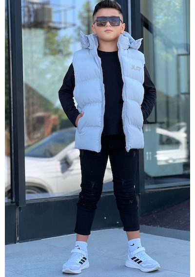 Pina Kids Erkek Çocuk Baskılı Çıkarılabilir Kapüşonlu Şişme Yelek 3017 Gri