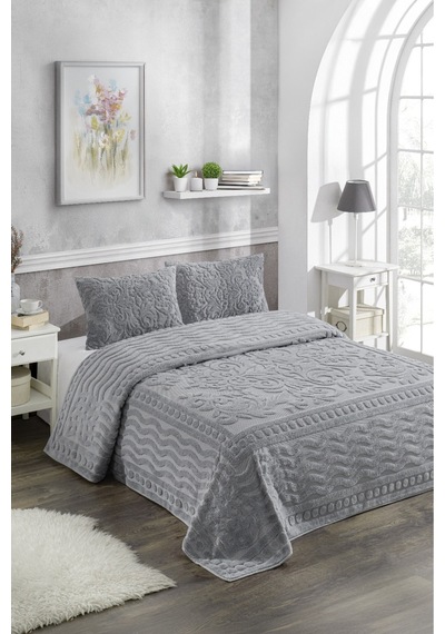 Gri Bohem Yatak Örtüsü 220 X 240 Çift Kişilik Peluş Yumuşak Welsoft 2 Adet Yastık Kılıfı Çeyiz