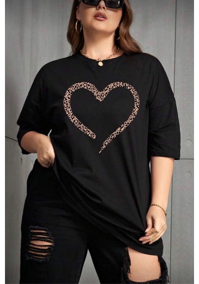 Love Kadın Büyük Beden Battal Baskılı Bisiklet Yaka Pamuklu T-shirt Rahat Kesim Unisex Sevgili Kombini SIYAH