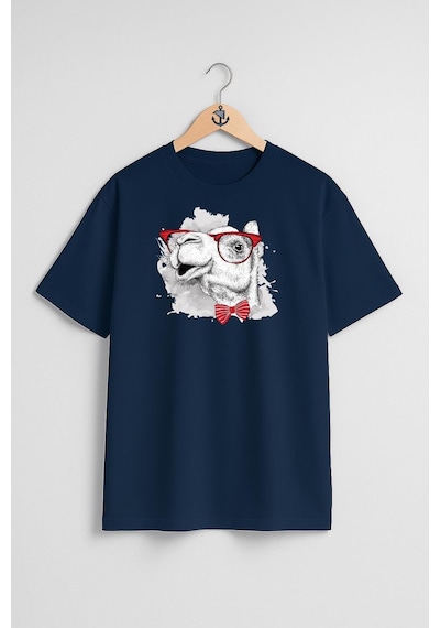 Oversize Komik Deve Ve Gözlük Ve Papyon Göğüs Tasarımlı Unisex T-shirt Lacivert