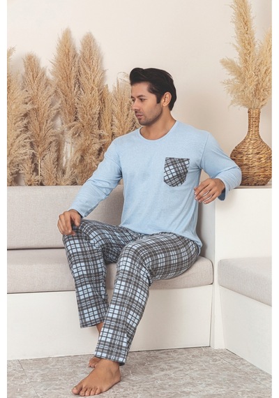 Sude Homewear Erkek Ekoseli Cepli Uzun Kollu Pijama Takımı Mavi