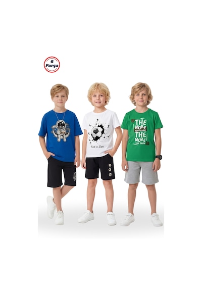 Fyk Kids 3'lü Yuvarlak Yaka Baskı Detaylı Erkek Çocuk 6 Parça Alt Üst Takım Sax-beyaz-yeşil