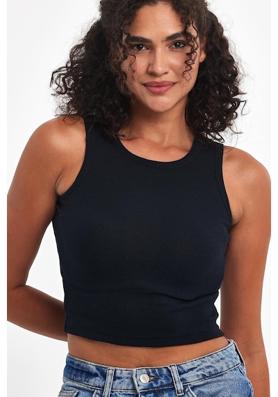 Comeor Kadın Lacivert Fitilli Görünümlü Askılı Kalın Esnek Örme Basic Crop Atlet Bluz Cmrb93