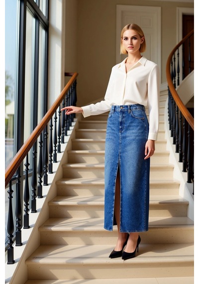 Benerly Kadın Denim Kalem Maxi Etek Yırtmaçlı Fonksiyonel Dayanıklı Kalit Mavi