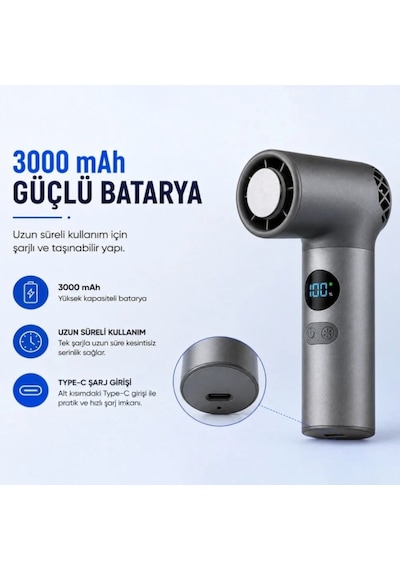 Turbo Buzlu Fan Dijital Ekranlı Şarjlı Mini El Vantilatörü 100 Kademeli Ayar, 3000mah Batarya, Type-c Şarj
