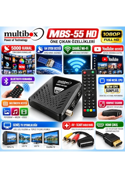 Tüplü Tv Uyumlu Multibox Mbs-55 Hd Full Hd Mini Uydu Alıcısı Dahili Wifi Youtube 5000 Kanal Bluetoot