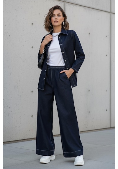 Olcay Kemeri Çıt Çıt Detaylı Ceket Pantolon Denim Takım Lacivert 9344-tk