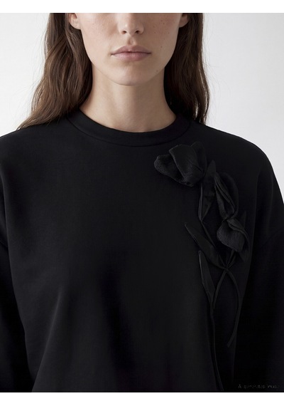 Lcw Modest Siyah Soft Touch Gül Aplikeli Kadın Sweatshirt Tunik