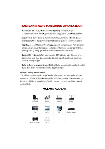 10 Metre %100 Cu Tam Bakır 23 Awg Cat6 Rj45 Jacklı Lan Internet Data Network Adsl Modem Kablosu