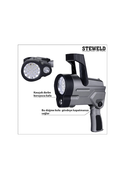 Steweld 994G Çift Işık Kaynaklı Led Projektör Ve El Feneri Gri - Siyah