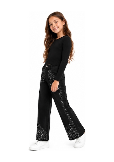 İrem Çocuk Giyim Kız Çocuk Üzeri Taş Detaylı Beli Lastik Ayarlamalı Cepli Geniş Paça Model Likralı Siyah Renk Kot Pantolon Siyah İrem Çocuk Giyim Kız Çocuk Üzeri Taş Detaylı Beli Lastik Ayarlamalı Cepli Geniş Paça Model Likralı Siyah Renk Kot Pantolon Siyah