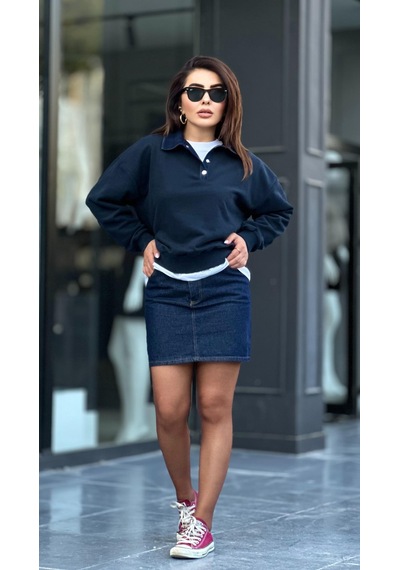 Lacivert Denim Mini Etek Lacivert