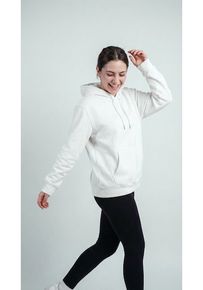 Hoxie Unisex Rahat Kesim Pamuklu Yumuşak Dokulu İçi Polarlı Basic Desenli Kapüşonlu Sweatshirt Beyaz