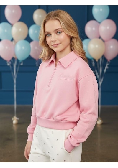 Kız Çocuk Yakası Fermuarlı Kolları Taş İşlemeli Tasarım Sweatshirt-16531 Pembe