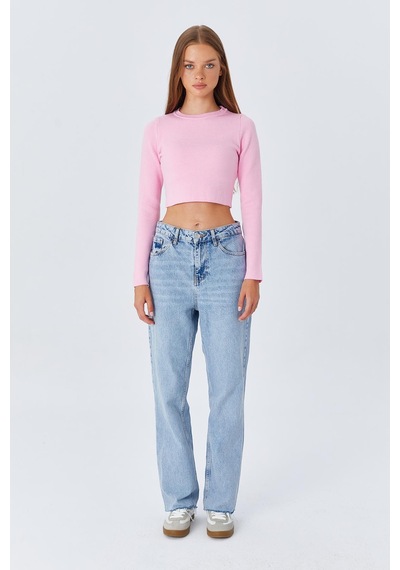 Mixray 6727 Kadın Bisiklet Yaka Crop Triko Kazak Pembe Pembe