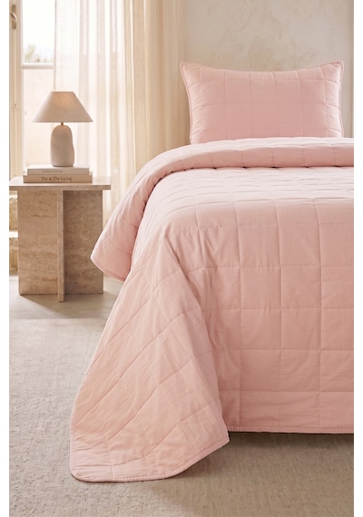 Ocean Home Textile %100 Pamuk Kumaş Kapitoneli Pembe Çok Amaçlı Tek Kişilik Yatak Örtüsü Seti 1 Adet 180 X 230 / 1 Adet 50 X 70 Cm