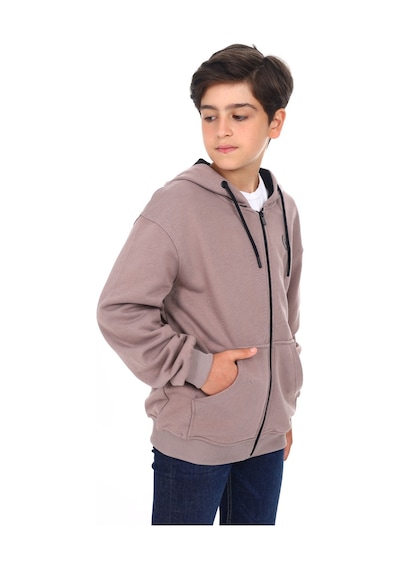 Toontoy Kids Toontoy Erkek Çocuk Kapüşonlu Fermuarlı Cepli Düşük Omuz Baskılı Örme Hırka - 3 İplik Şardonsuz Kahve