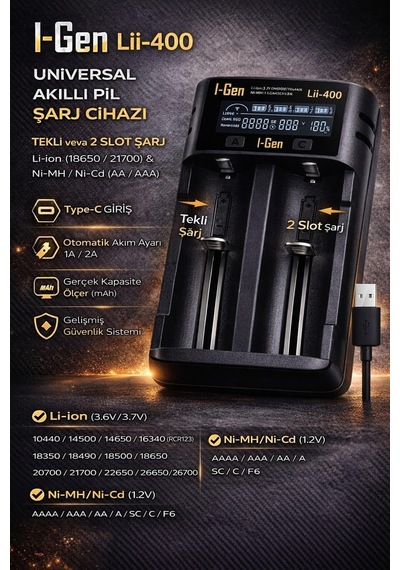 Batteries Lii-400 Akıllı Li-ion Pil Şarj Cihazı, Type-c Girişli, Lcd Ekranlı, 2 Slot Şarj, Li-i