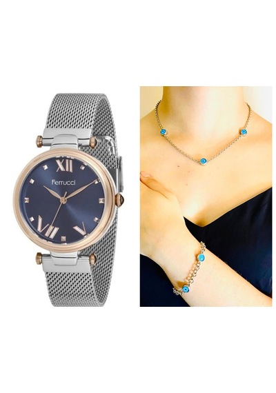 Ferrucci Fc9290 Hasır Kordon Çelik Kadın Kol Saati+nazarlıklı Set Hediye Gri - Rose Gold