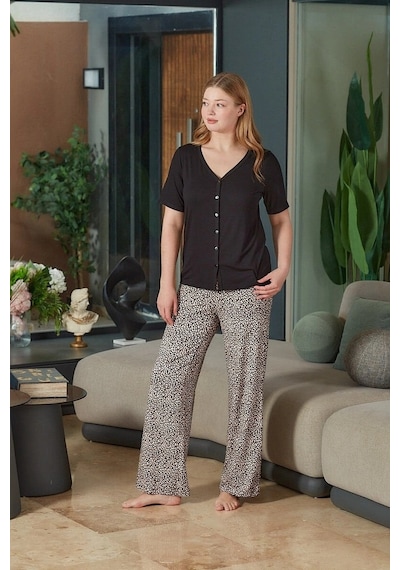 Modadua Aqua 26683 Kadın Önü Düğmeli Kısa Kol Pijama Takım Siyah