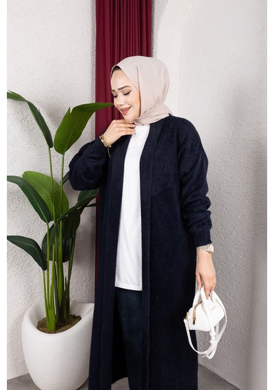 Hira Life Fashion Kadın Şal Yaka Uzun Triko Ve Sakallı Tüylü Hırka Lacivert Lacivert