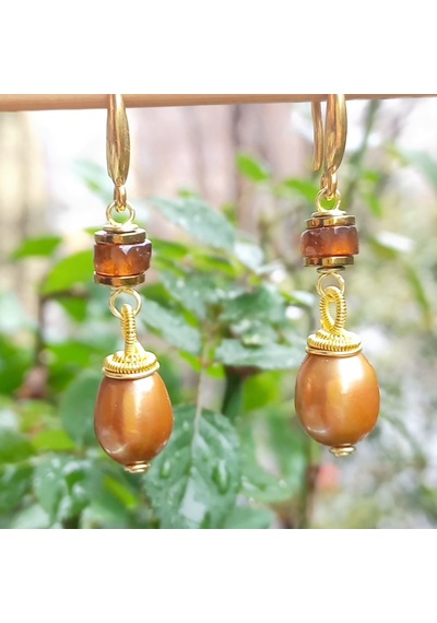2629 Doğal İnci Hossanite Garnet Hematit El Yapımı Küpe Açık Gold