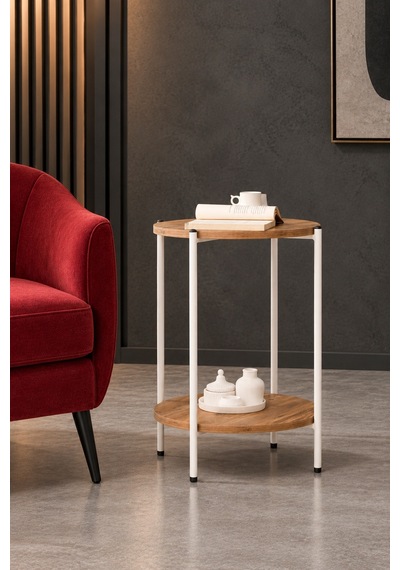 Yuvarlak Tablalı İki Raflı Yan Sehpa Q42x60 (Beyaz Atlantik Çam)
