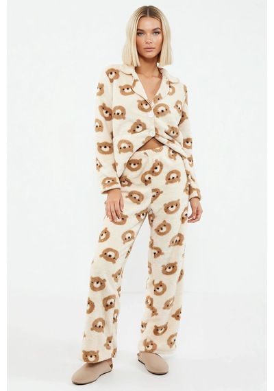 Benerly Kadın Gömlek Yaka Standart Kol Regular Kalıp Wellsoft Örme Pijama ekru