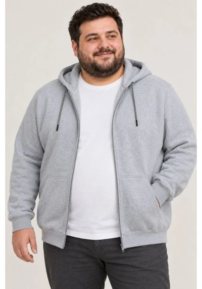 Butik İstanbul Erkek Battal Büyük Beden Üç İplik İçi Şardonlu Kapüşonlu Tam Fermuarlı Kışlık Sweatshirt - Gri