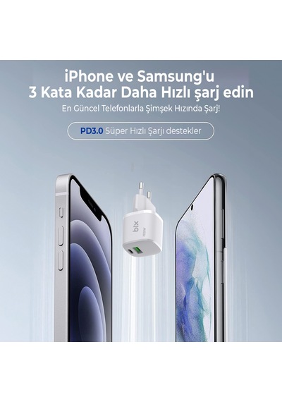 Bix Bx2p20g Gan 20w Type-c Ve Usb-a Mini Hızlı Şarj Cihazı Beyaz