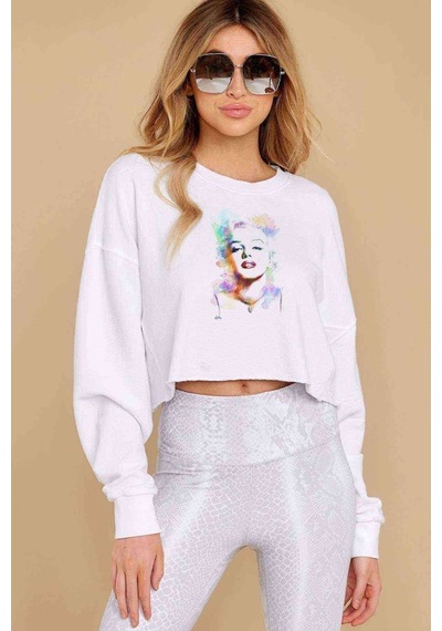 Marilyn Monroe Baskılı Crop Kadın Beyaz Sweatshirt