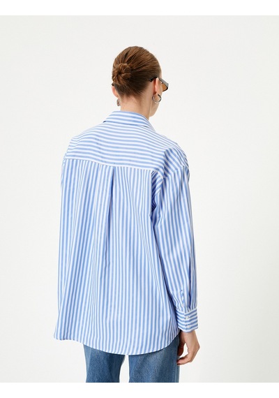 Koton Oversize Gömlek Düğmeli Uzun Kollu Mavi Çizgili 4sak60312pw Mavi