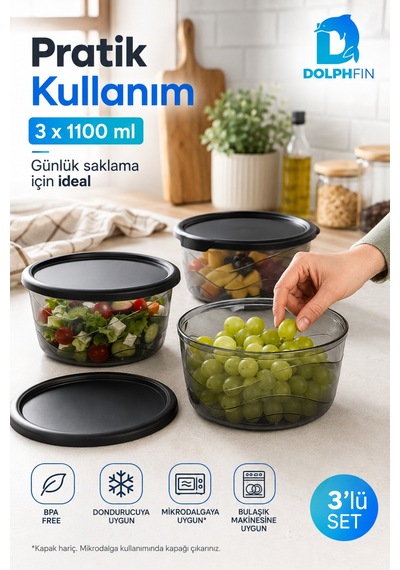 3 Lü Yuvarlak Saklama Kabı Seti 3x1,1 Litre Füme Şeffaf Siyah Kapaklı Bpa İçermez