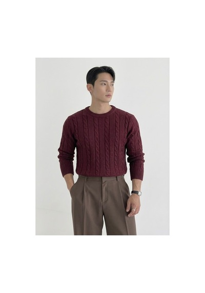 Cool Tarz Erkek Bisiklet Yaka Slim Fit Saç Örgülü Triko Kazak Bordo Bordo