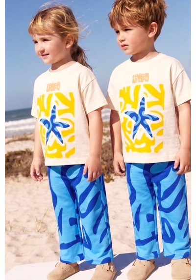 Monila Unisex Çocuk Pamuklu Bisiklet Yaka Baskılı T-shirt Ve Mavi Eşofman Alt Üst Takım Taş
