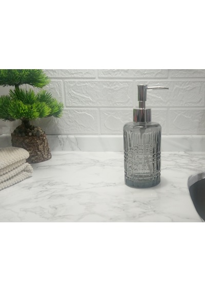Cam Sıvı Sabunluk,kristal Desenli Gri 300ml Banyo Seti 6,8x17,6