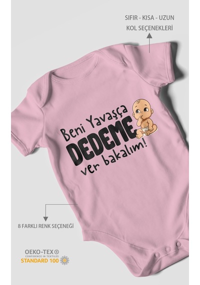 Morivokids Beni Yavaşça Dedeme Ver Bakalım Kısa Kollu Bebek Body %100 Pamuk Koyu Pembe