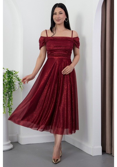 Kalopya Kare Yaka Askılı Simli Tül Elbise 39976 Bordo