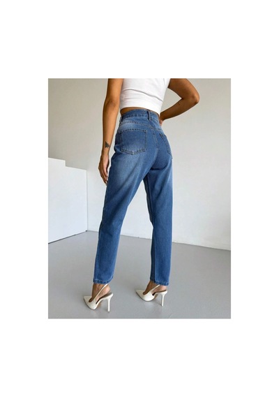 Kene Jeans Mavi Kemer Apolet Detaylı Mom Jeans Mavi